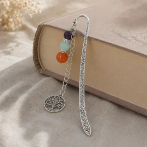 Marque-page en pierres naturelles Cornaline Jade et Améthyste avec pendentif arbre de vie