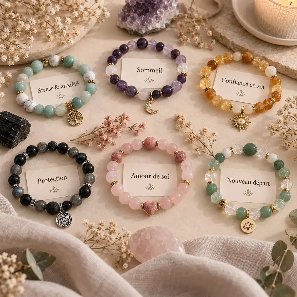 Bracelets personnalisés selon vos besoins en pierres naturelles pour stress, sommeil, confiance, protection, amour de soi et nouveau départ