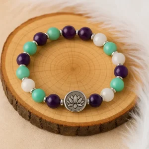 Bracelet anti-stress en pierres naturelles Amazonite Améthyste Sélénite avec perle Lotus argentée