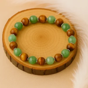 Bracelet Chance et Bonheur en pierres naturelles Aventurine, Jade et Œil de Tigre, perles 8mm sur rondin de bois