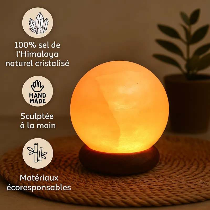 Lampe USB en Cristal de Sel d’Himalaya Sphère diffusant une lumière chaude et relaxante dans une ambiance zen.