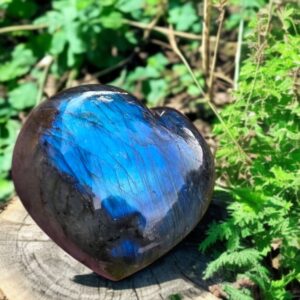 Cœur en Labradorite brillant sur un rondin de bois.