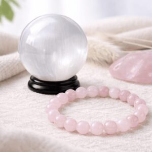 Pack Sélénite Quartz Rose avec sphère en sélénite 80 mm et bracelet en quartz rose naturel