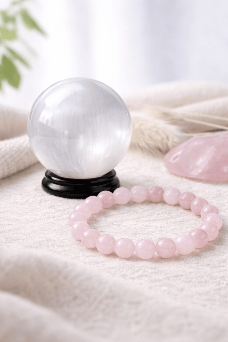 Pack Sélénite Quartz Rose avec sphère en sélénite 80 mm et bracelet en quartz rose naturel