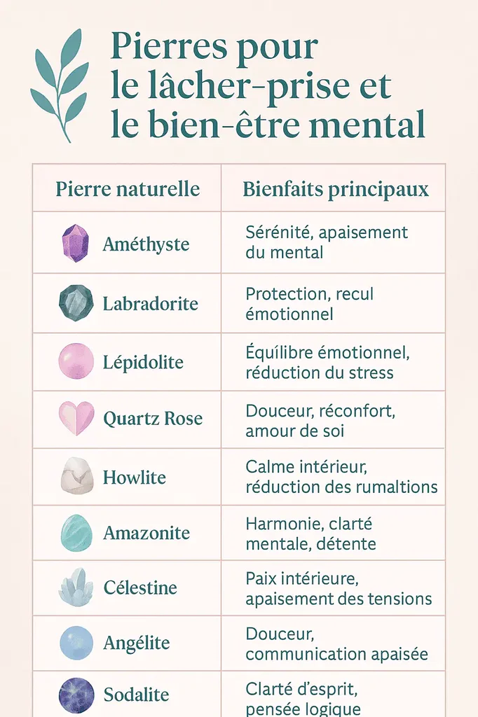 Tableau des pierres naturelles pour le lâcher-prise et le bien-être mental, avec leurs bienfaits : améthyste, labradorite, lépidolite, quartz rose, howlite, amazonite, célestine, angélite et sodalite.