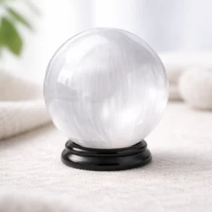 Sphère en sélénite naturelle 80 mm posée sur support noir, pierre blanche apaisante pour décoration et bien-être