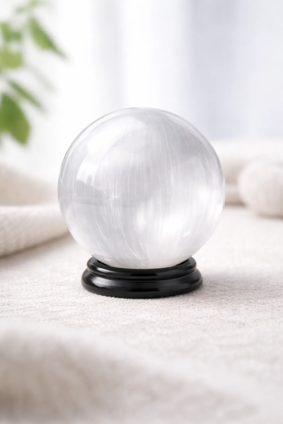 Sphère en sélénite naturelle 80 mm posée sur support noir, pierre blanche apaisante pour décoration et bien-être
