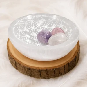 Bol en sélénite Fleur de Vie gravée, pierre naturelle de purification et rechargement énergétique