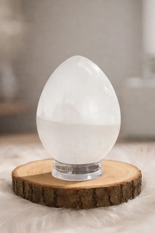 Oeuf en sélénite 100 mm avec support offert pierre naturelle de purification énergétique