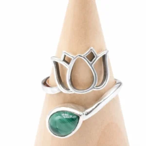 Bague malachite argent 925 réglable – pierre naturelle verte AA