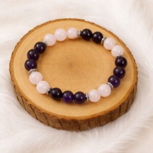 Bracelet en améthyste et quartz rose sur rondin de bois, bijou en pierres naturelles