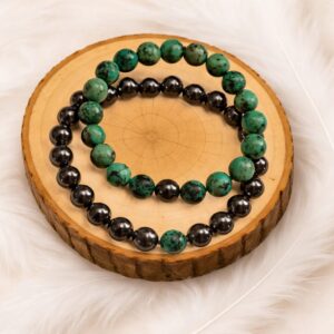 Bracelet duo Turquoise Hématite en pierres naturelles sur support en bois