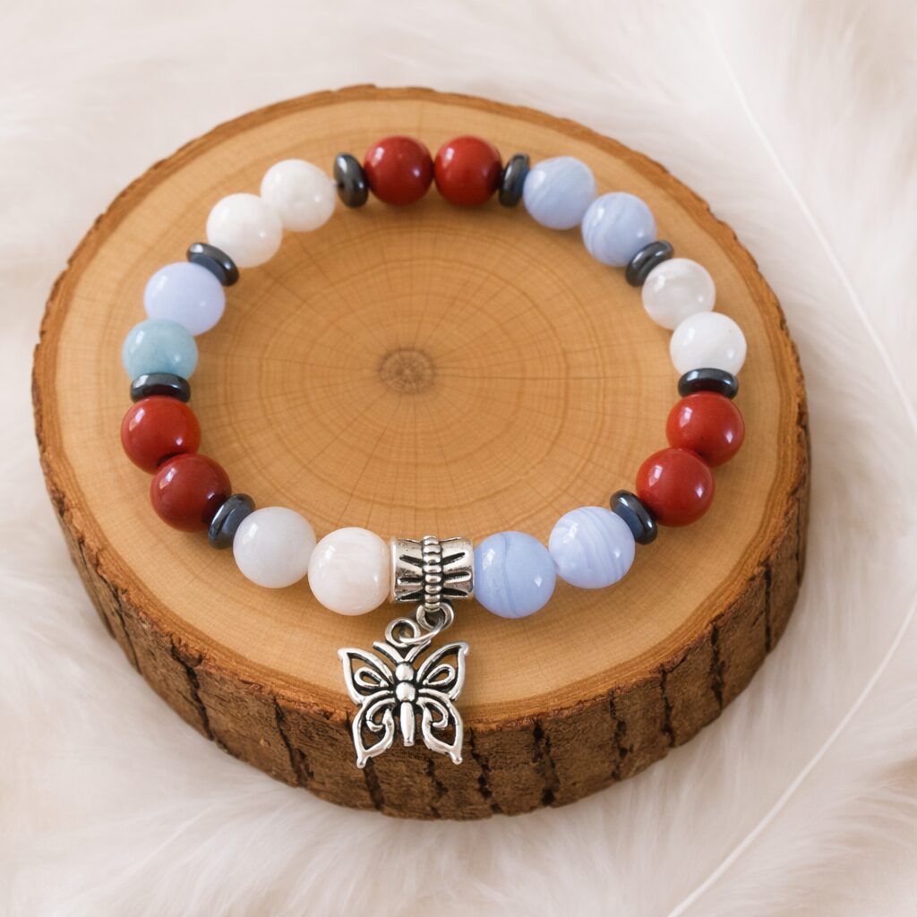 Bracelet ménopause en pierres naturelles calcédoine pierre de lune jaspe rouge
