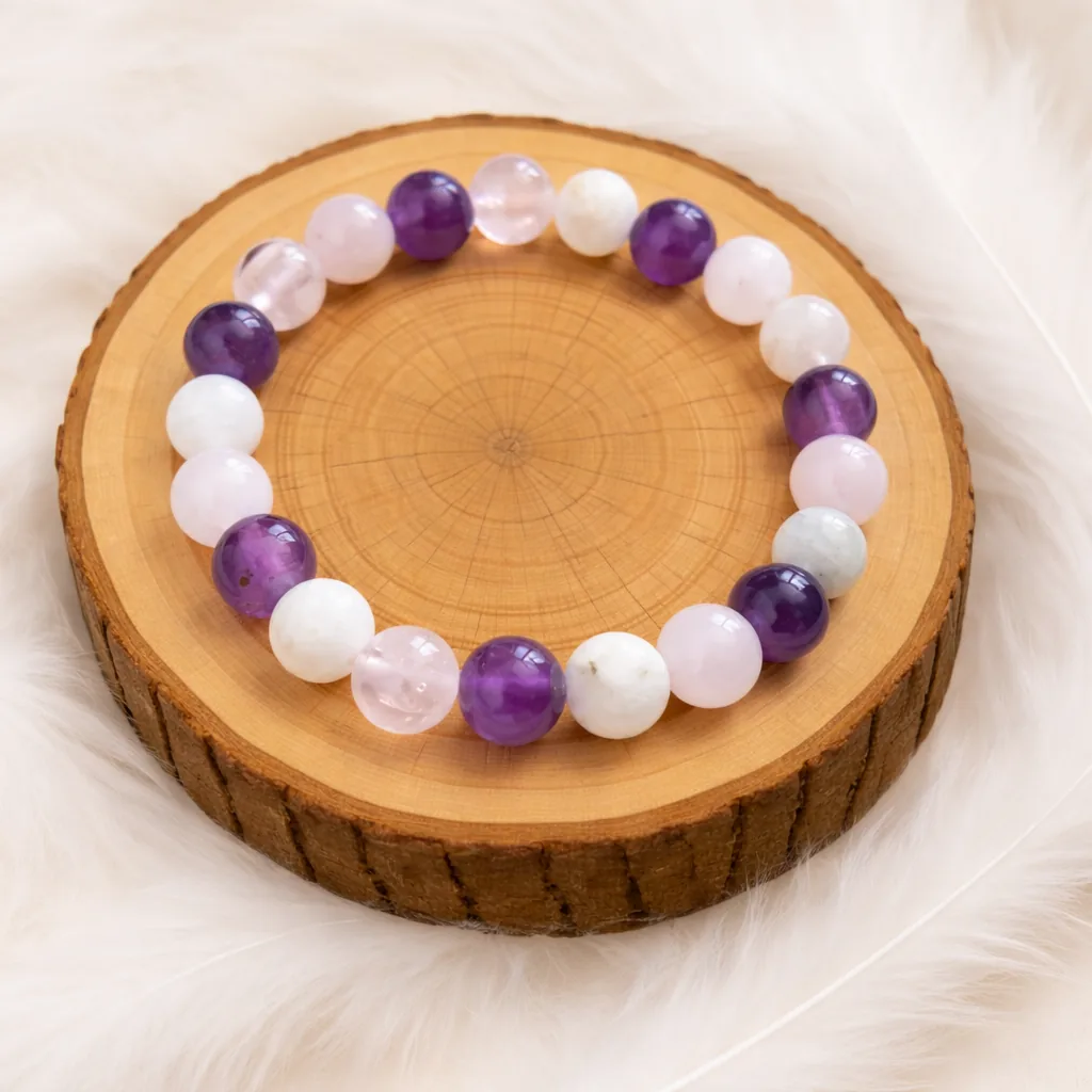 Bracelet soutien au deuil en pierres naturelles (pierre de lune, quartz rose et améthyste) sur rondin en bois