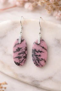 Boucles d’oreilles en rhodonite naturelle sur fond clair avec bélière en argent 925