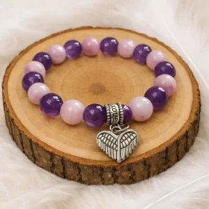 Bracelet en Kunzite et Améthyste en pierres naturelles sur rondin en bois