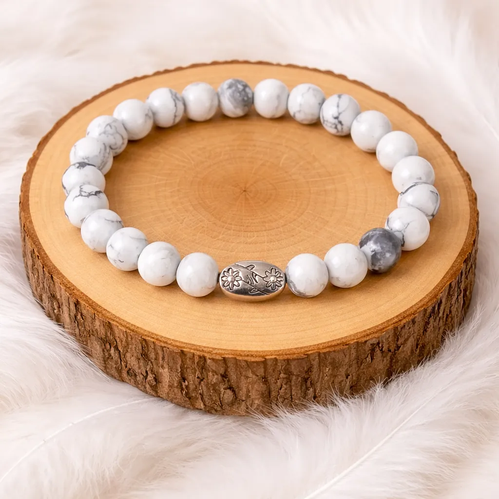 Bracelet en pierre howlite naturelle présenté sur rondin en bois