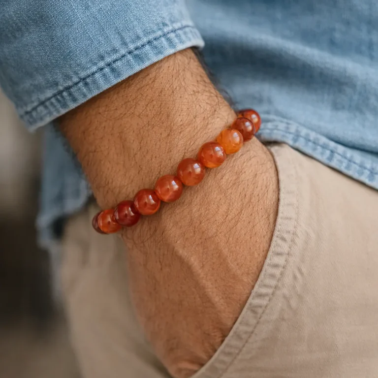 Bracelet cornaline en pierres naturelle porté sur le bras d’un homme