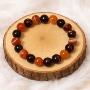 Bracelet confiance en soi en cornaline et œil de taureau sur rondin en bois