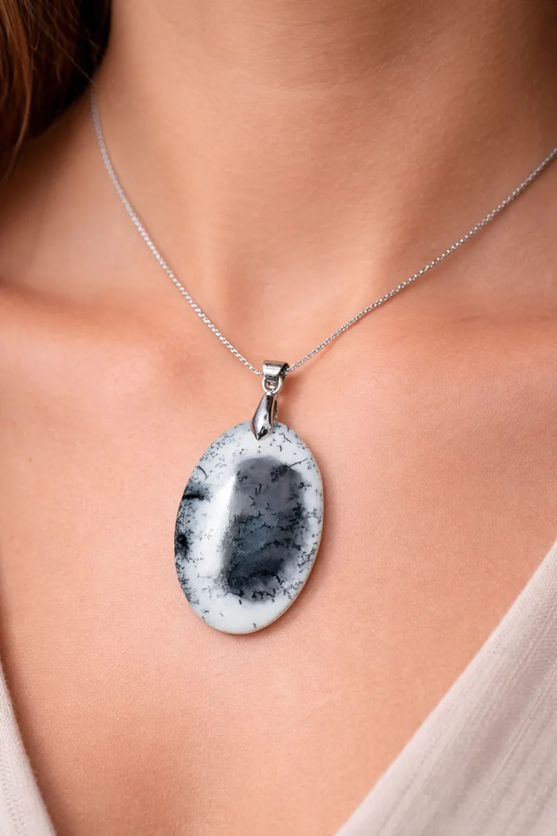 Pendentif en agate dendritique merlinite porté autour du cou