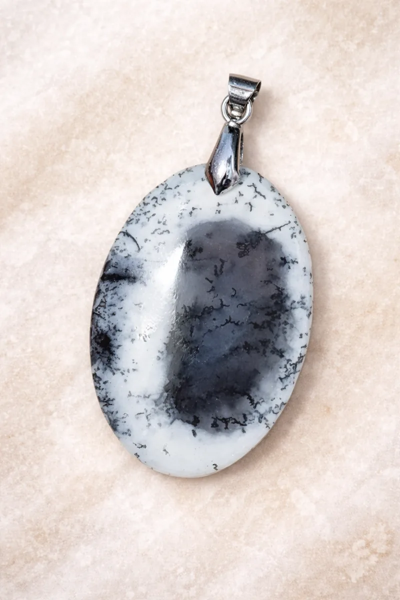 Pendentif en agate dendritique merlinite avec bélière en argent