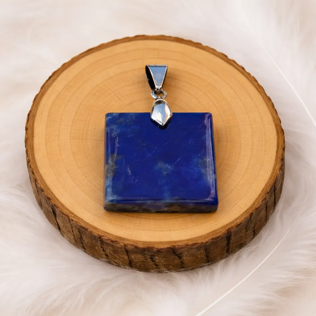 pendentif carré lapis lazuli pierre naturelle sur rondin bois