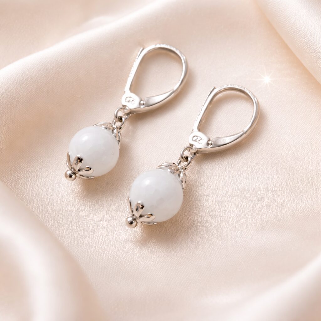 Boucles d’oreilles Quartz blanc perles naturelles sur fond beige élégant