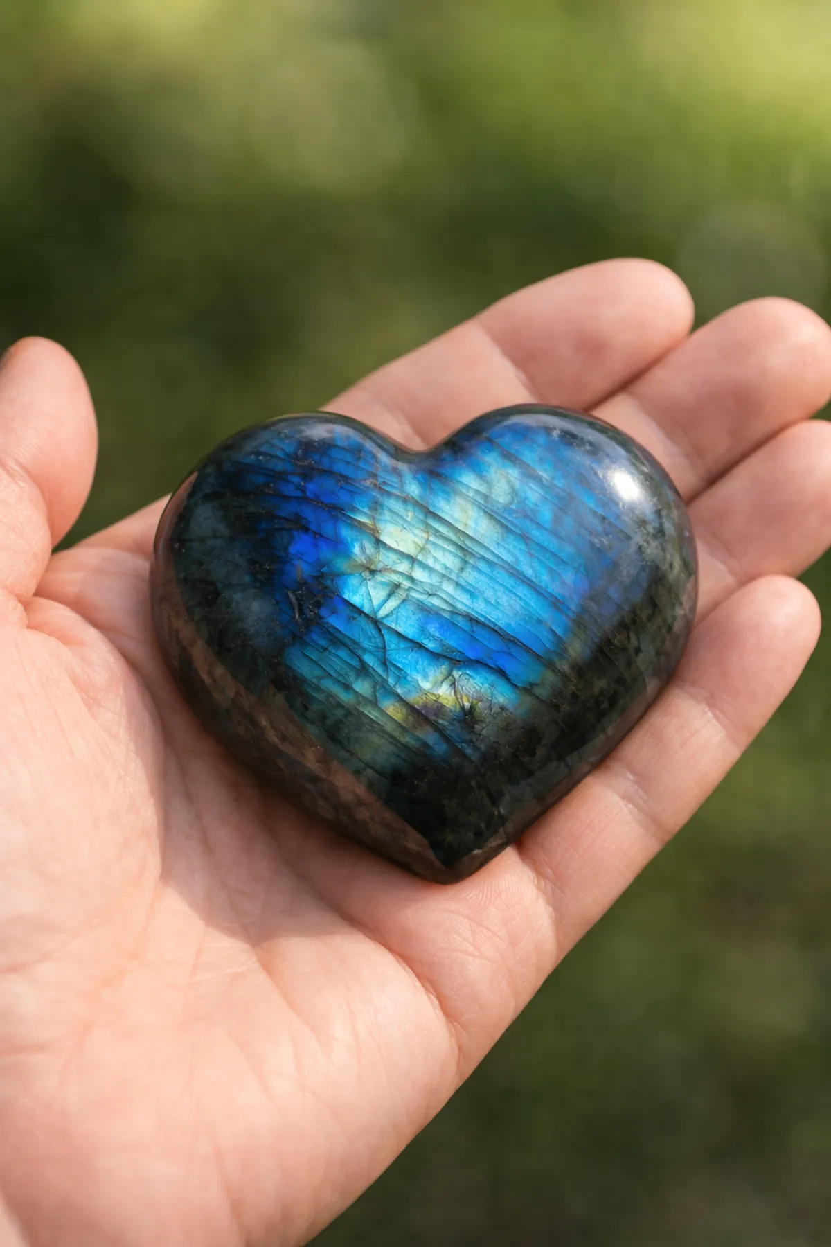 Cœur en labradorite poli tenu dans une main avec reflets bleus intenses