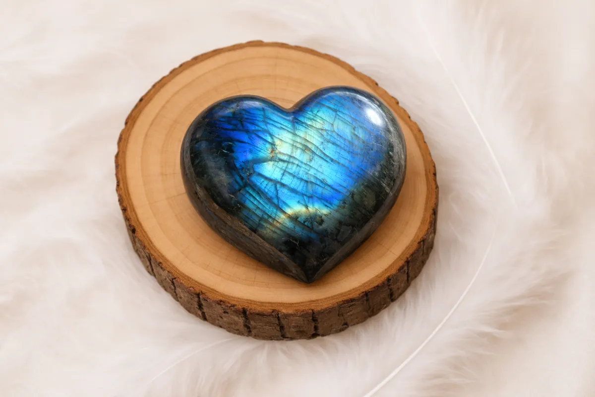 Cœur en labradorite poli aux reflets bleus posé sur un rondin de bois naturel