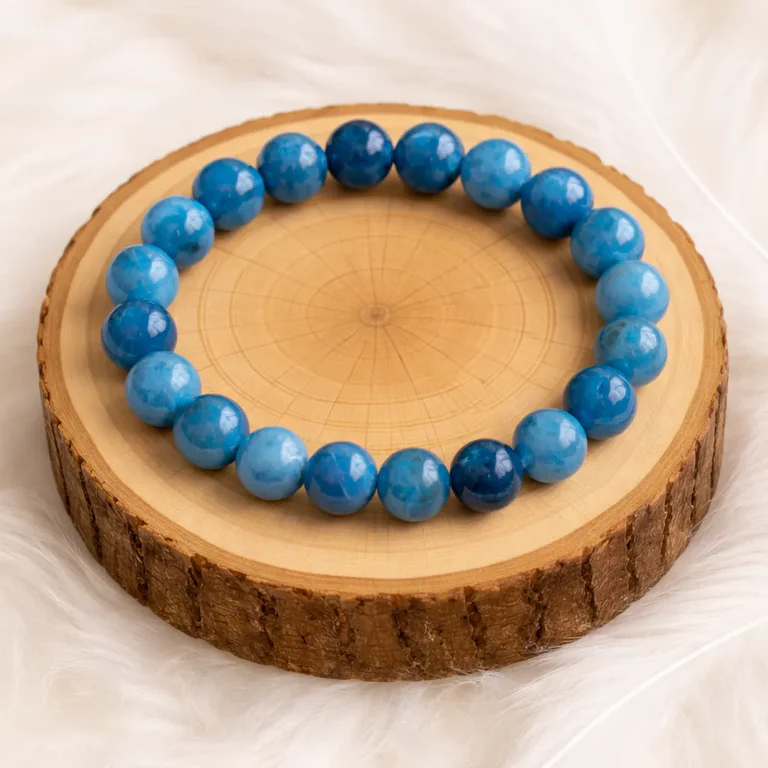 Bracelet en apatite bleue 10 mm qualité AA posé sur rondin en bois naturel