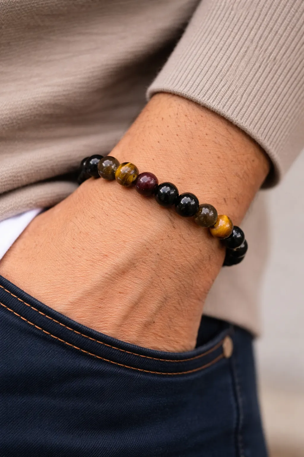 Bracelet chance et protection en pierres naturelles porté au poignet