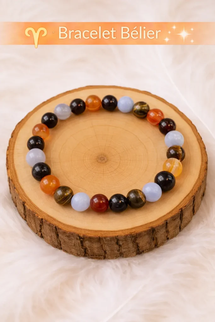 Bracelet Bélier en pierres naturelles (cornaline, grenat, œil de tigre, calcédoine) présenté sur rondin en bois, 21 mars – 20 avril