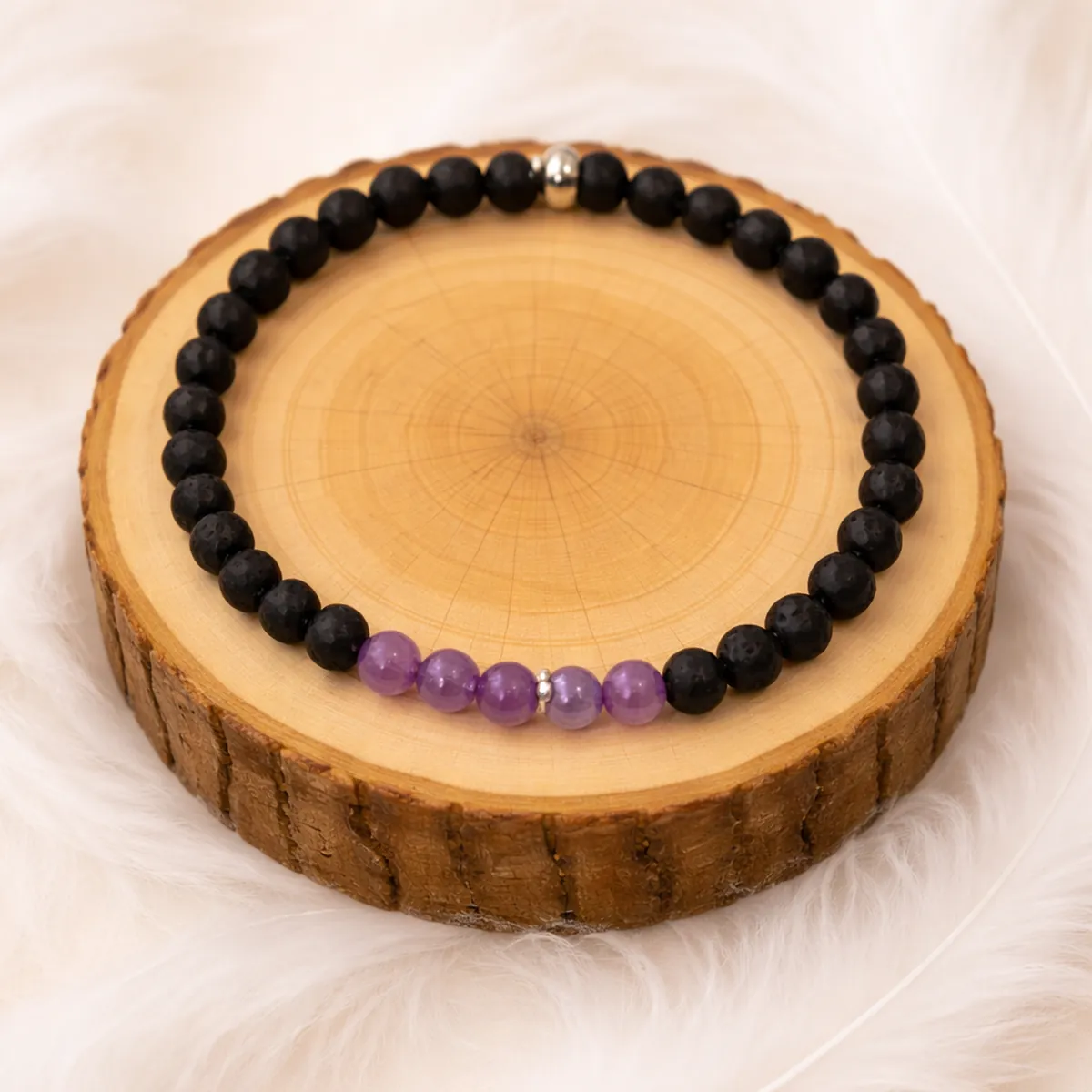 Bracelet Enfant Sommeil Améthyste et Pierre de Lave 4 mm sur rondin bois