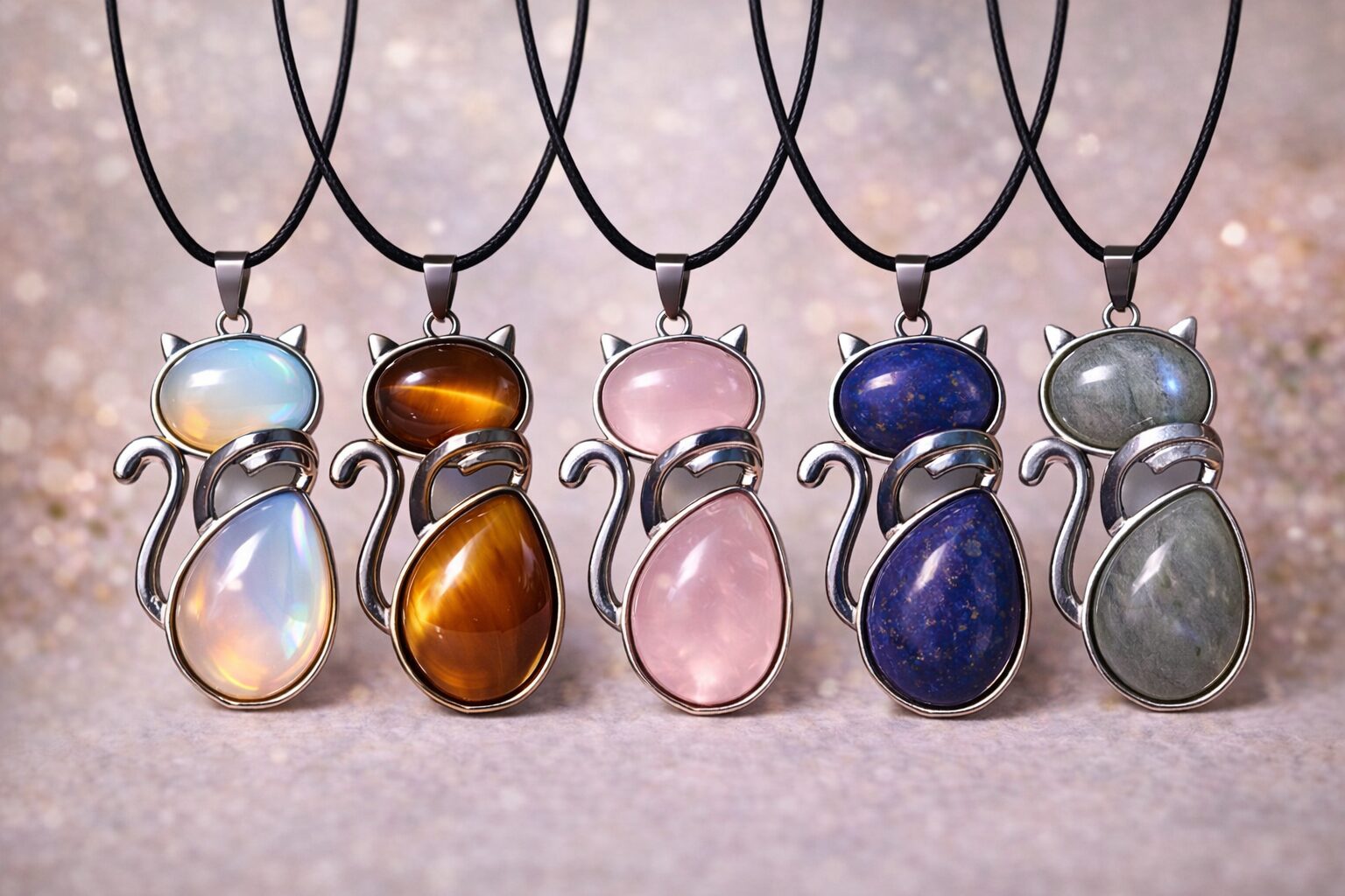 Collection de pendentifs chat en pierre naturelle : opalite, œil de tigre, quartz rose, lapis lazuli et labradorite