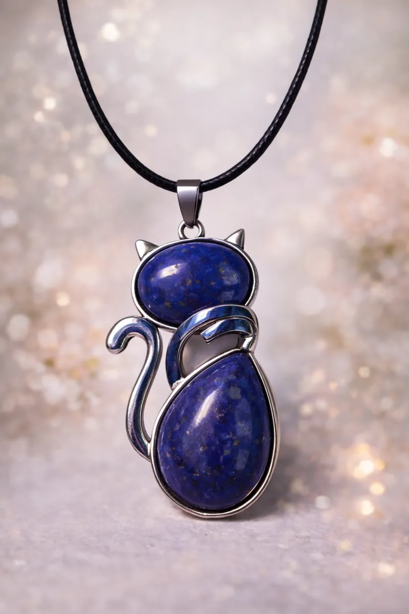 Pendentif chat en lapis lazuli avec cordon noir