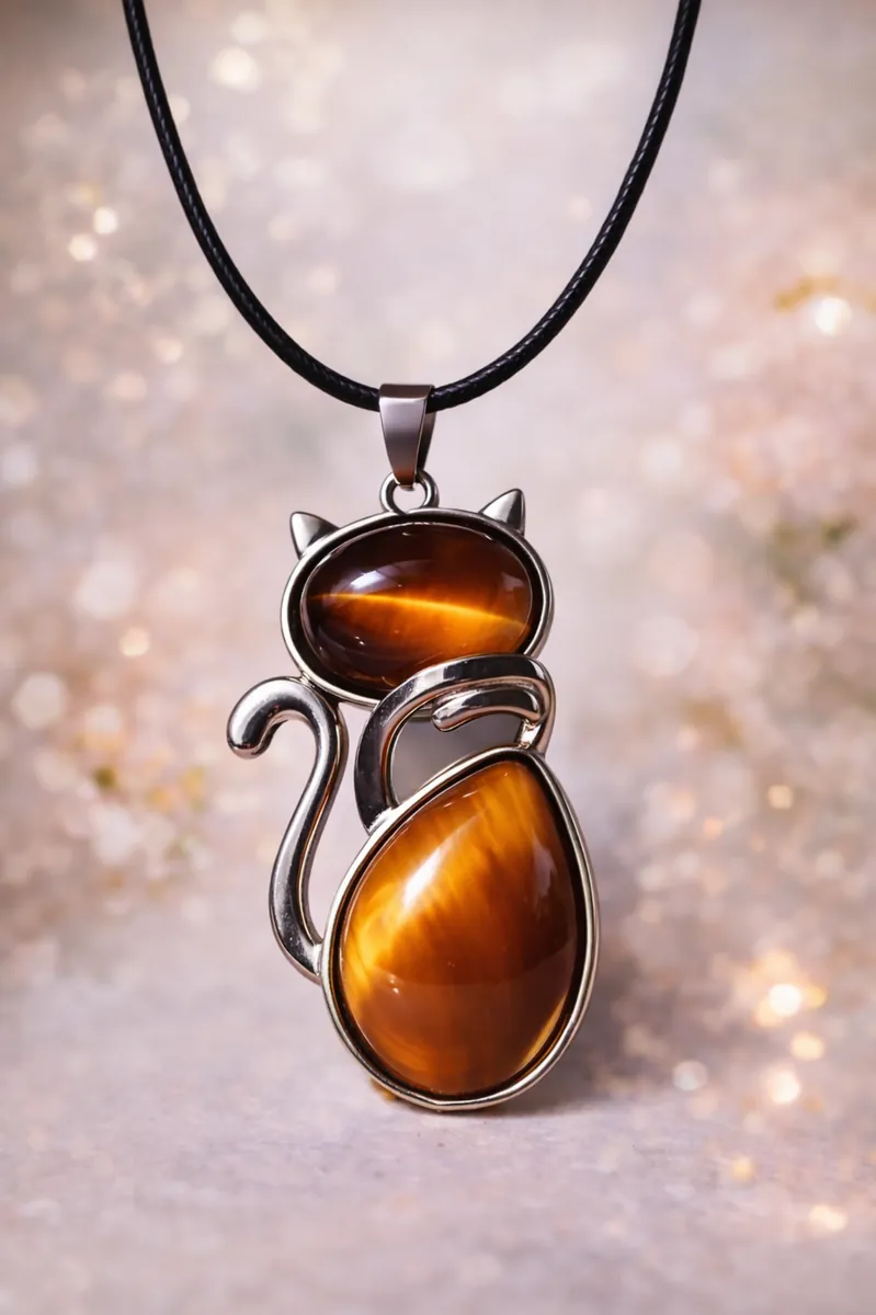 Pendentif chat en œil de tigre avec cordon noir