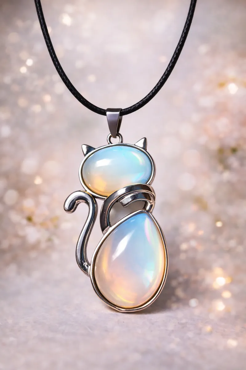 Pendentif chat en opalite avec cordon noir sur fond lumineux