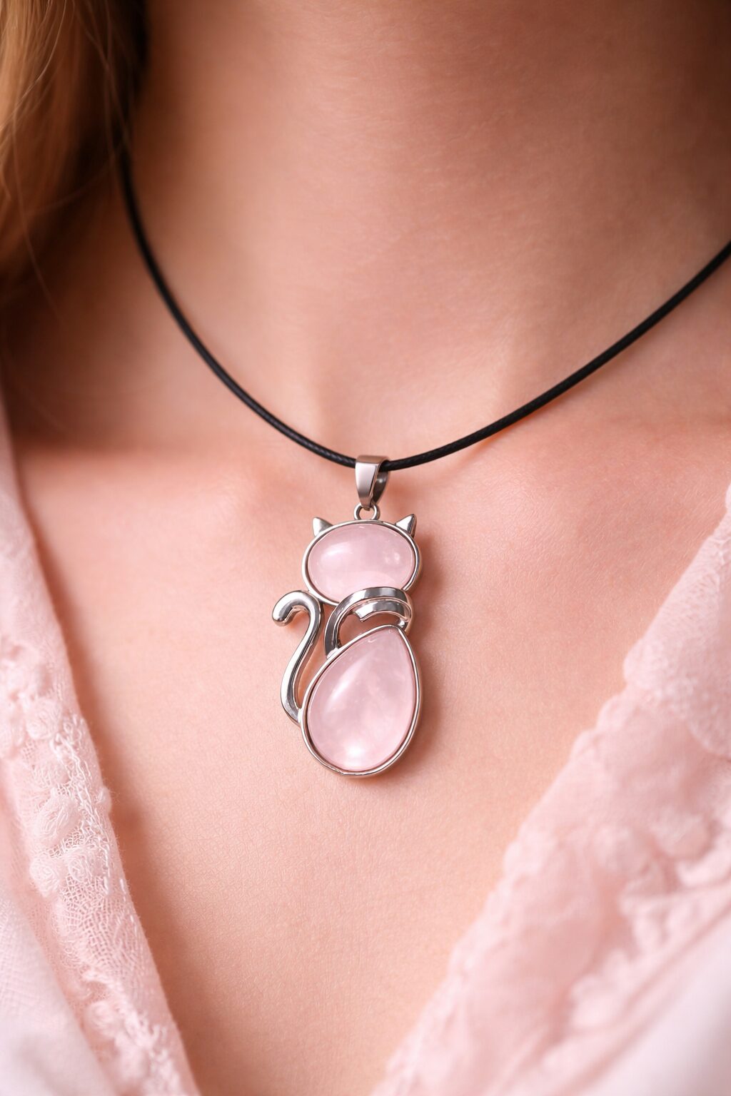 Pendentif chat en quartz rose porté autour du cou avec cordon noir