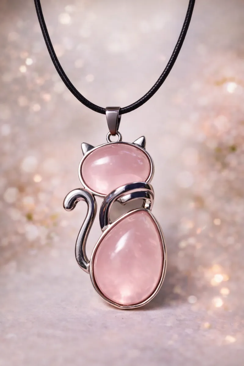 Pendentif chat en quartz rose avec cordon noir
