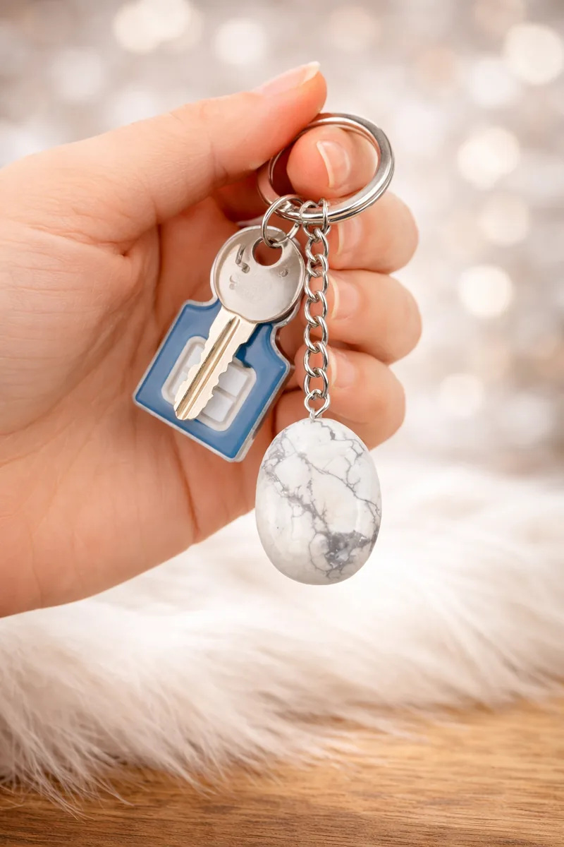 Porte-clés en howlite blanche tenu en main avec des clés