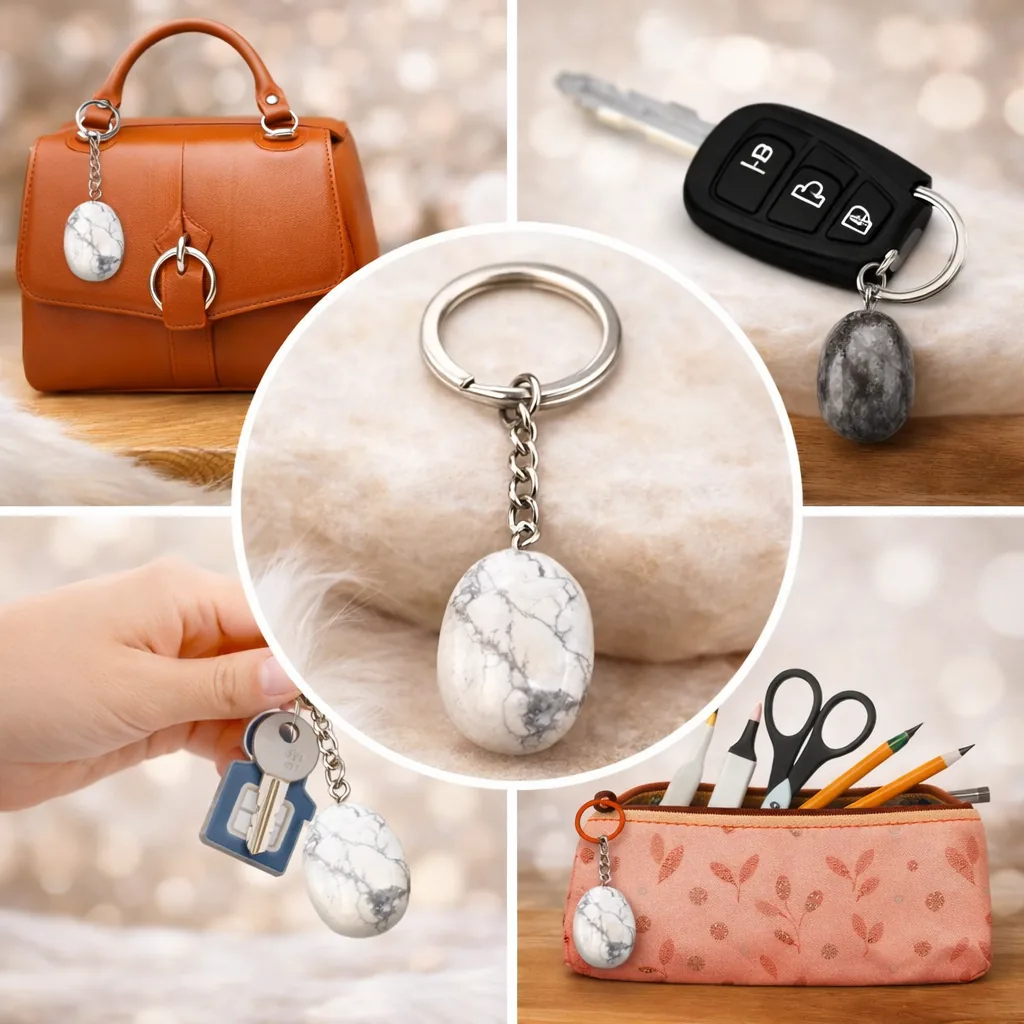 Porte-clés howlite accroché à un sac, des clés et une trousse