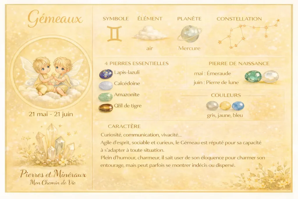 Infographie astrologique des Gémeaux avec les pierres essentielles, les couleurs et les caractéristiques du signe.