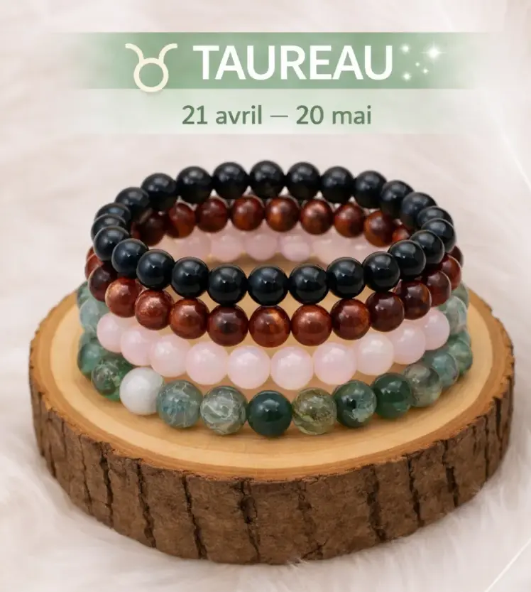 Bracelet en pierres naturelles posé sur un rondin en bois, avec le bandeau “Taureau 21 avril – 20 mai”.