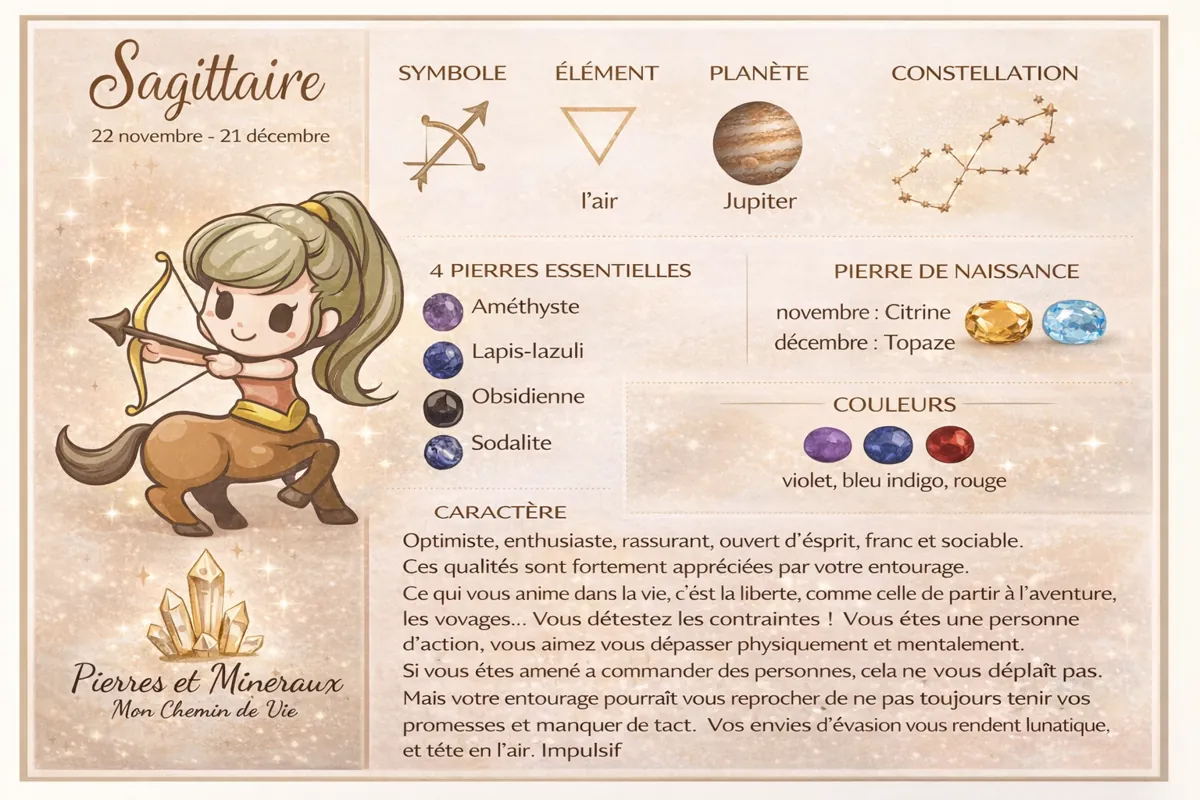 Pierre sagittaire : amethyste lapis lazuli obsidienne sodalite lithotherapie