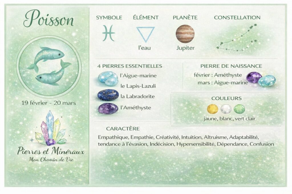 Pierre Poisson -infographie signe astrologique Poisson pierres naturelles aigue-marine lapis-lazuli labradorite améthyste