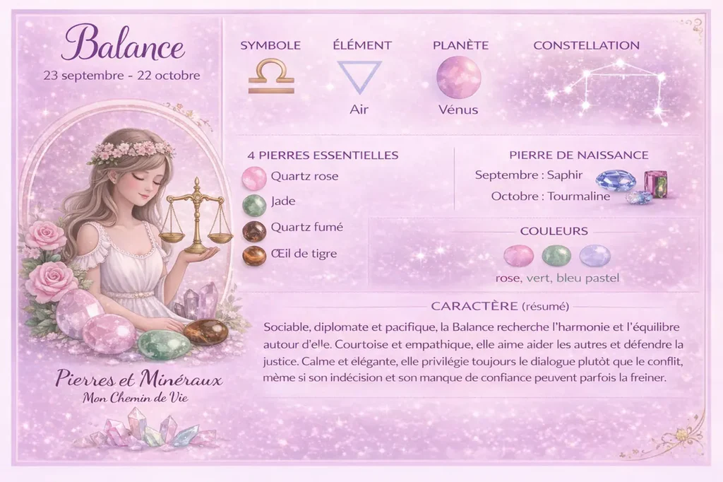 Signe astrologique Balance avec ses pierres naturelles : Quartz rose, Jade, Quartz fumé et Œil de tigre