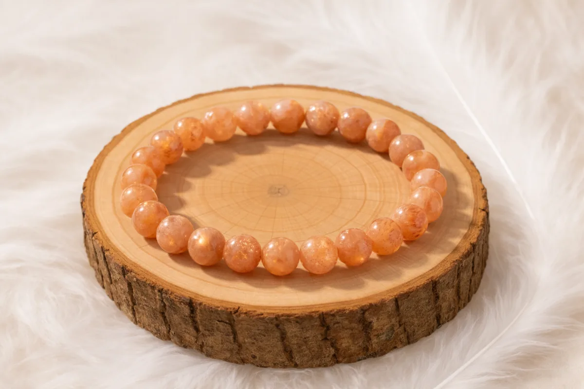 Bracelet pierre de soleil en perles naturelles orange, présenté sur un rondin en bois