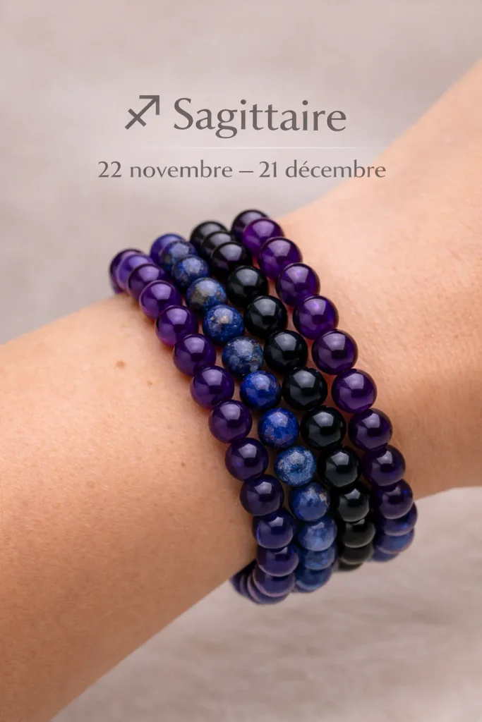 collection Bracelets Sagittaire améthyste lapis-lazuli obsidienne sodalite portés au poignet