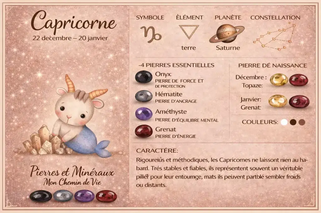 Signe astrologique Capricorne avec ses pierres naturelles onyx hématite améthyste grenat