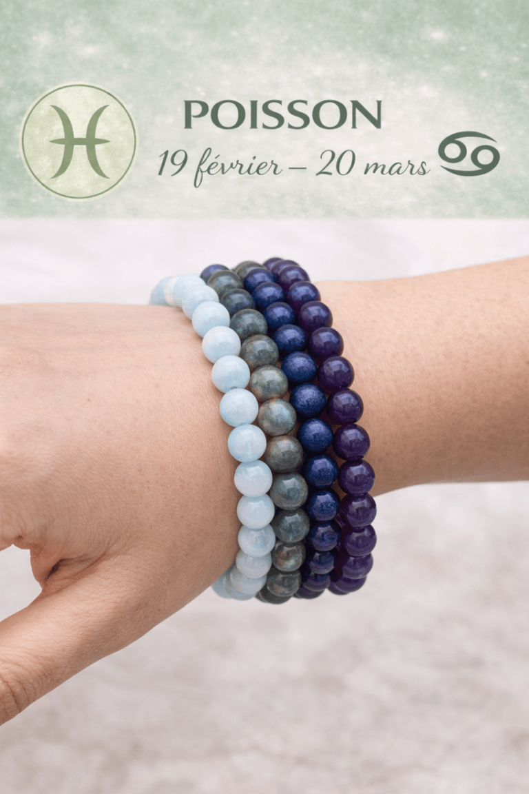 Bracelets signe astrologique Poissons en pierres naturelles portés au poignet avec Aigue-marine, Labradorite, Lapis-lazuli et Améthyste